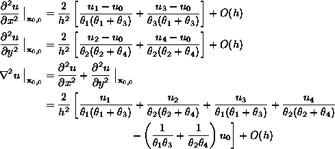 \begin{align*}
\frac{\partial^{2} u}{\partial {x}^{2}}\left.\strut\right\vert _{...
 ...\frac{1}{\theta_2\theta_4} \right)u_0 \right]
 +O\!\left( h \right) \end{align*}